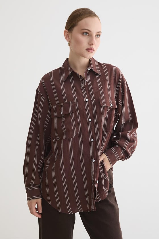 G28-4003-KAHVE-LLEVUREÜst GiyimÖnü Düğmeli Oversize Viskon Gömlek KAHVE