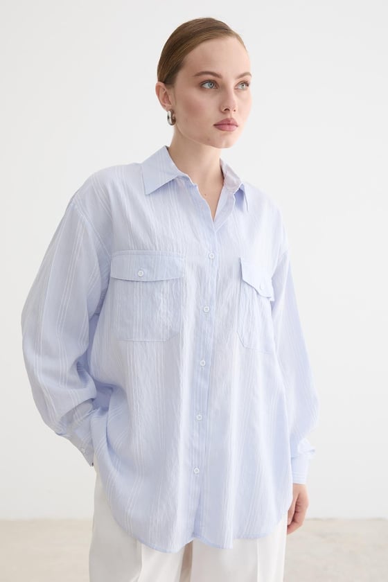 G28-4003-MAVİ-LLEVUREÜst GiyimÖnü Düğmeli Oversize Viskon Gömlek MAVİ