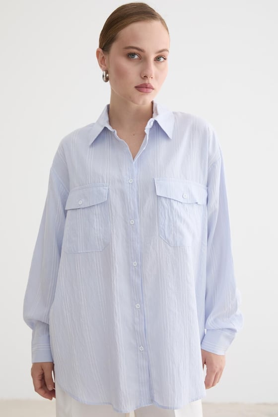 G28-4003-MAVİ-LLEVUREÜst GiyimÖnü Düğmeli Oversize Viskon Gömlek MAVİ