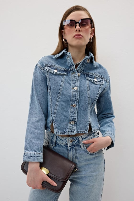 M28-5816-KARYIKAMA-LLEVUREDış GiyimÖnü Düğmeli Yırtmaç Detaylı Kot Ceket KAR YIKAMA