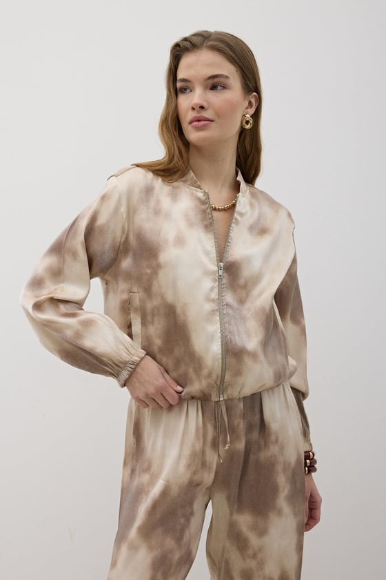 M28-5821-TAŞ-LLEVUREDış GiyimÖnü Fermuarlı Saten Ceket TAŞ