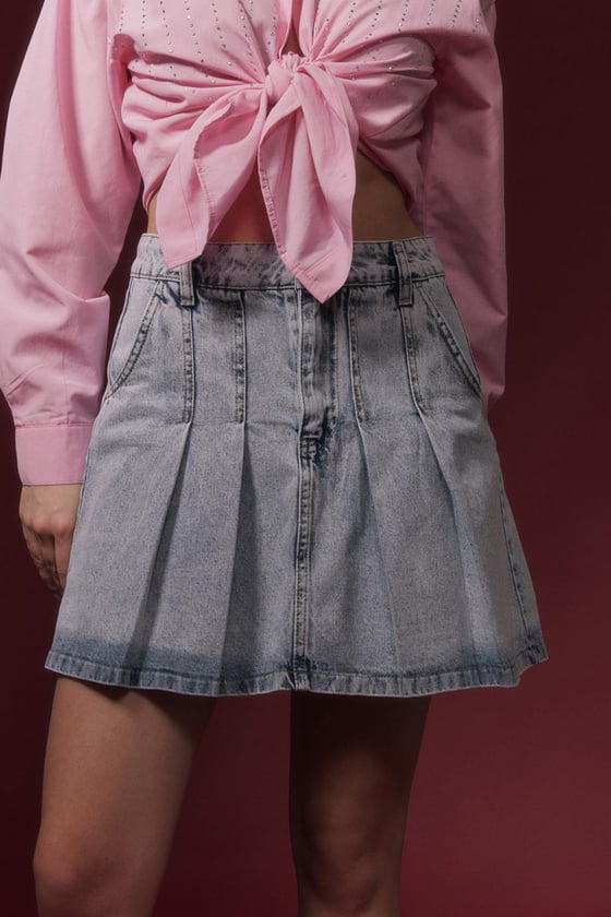 E27-6169-BLUELEVUREAlt GiyimPileli Kısa Kot Etek BLUE