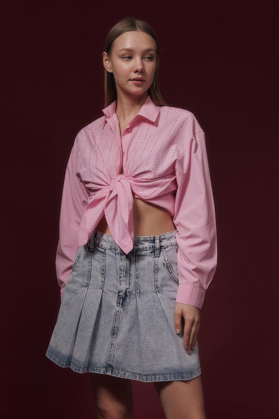 E27-6169-BLUELEVUREAlt GiyimPileli Kısa Kot Etek BLUE