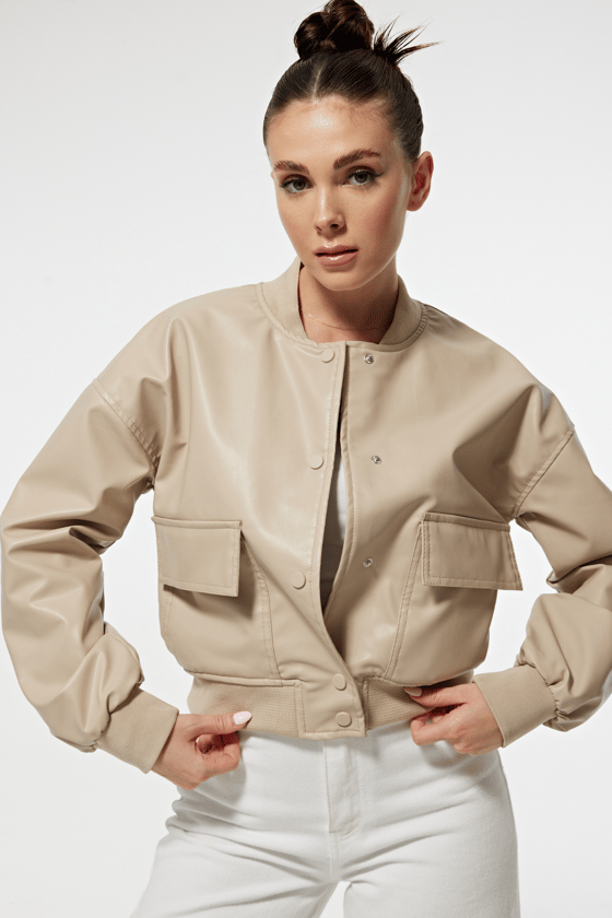 M27-5643-L-TAŞLEVURECEKETRibana Yaka Cep Detay Çıtçıtlı Suni Deri Kadın Ceket TAŞ