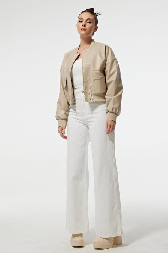 M27-5643-L-TAŞLEVURECEKETRibana Yaka Cep Detay Çıtçıtlı Suni Deri Kadın Ceket TAŞ