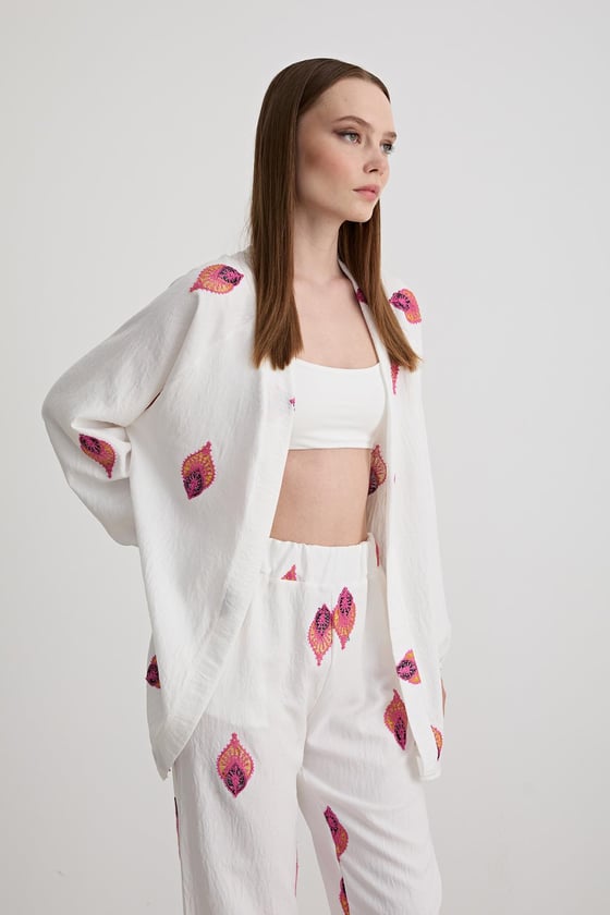 P27-3458-EKRU-LLEVUREAlt GiyimŞal Desenli Keten Pantolon EKRU