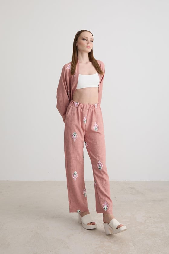 P27-3458-PUDRA-LLEVUREAlt GiyimŞal Desenli Keten Pantolon PUDRA