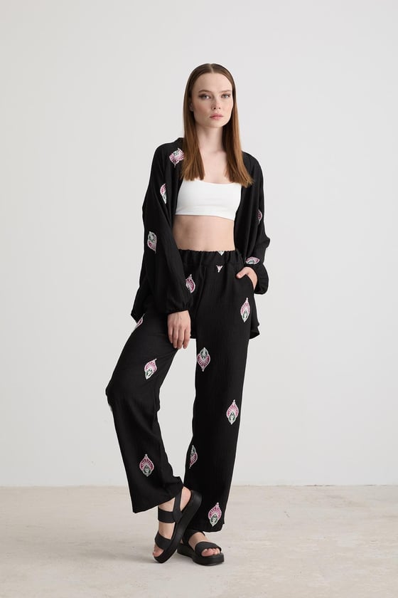 P27-3458-SİYAH-LLEVUREAlt GiyimŞal Desenli Keten Pantolon SİYAH