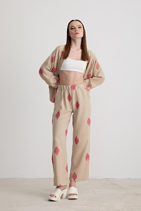 P27-3458-TAŞ-LLEVUREAlt GiyimŞal Desenli Keten Pantolon TAŞ