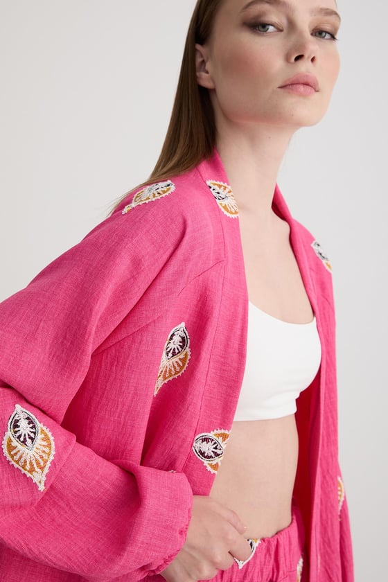 C27-4660-FUŞYALEVUREÜst GiyimŞal Desenli Uzun Kollu Ceket FUŞYA