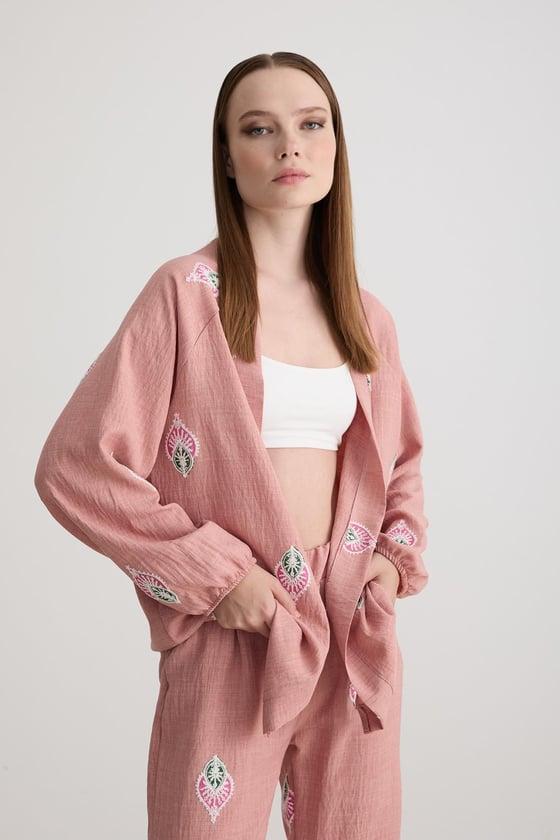C27-4660-PUDRALEVUREÜst GiyimŞal Desenli Uzun Kollu Ceket PUDRA