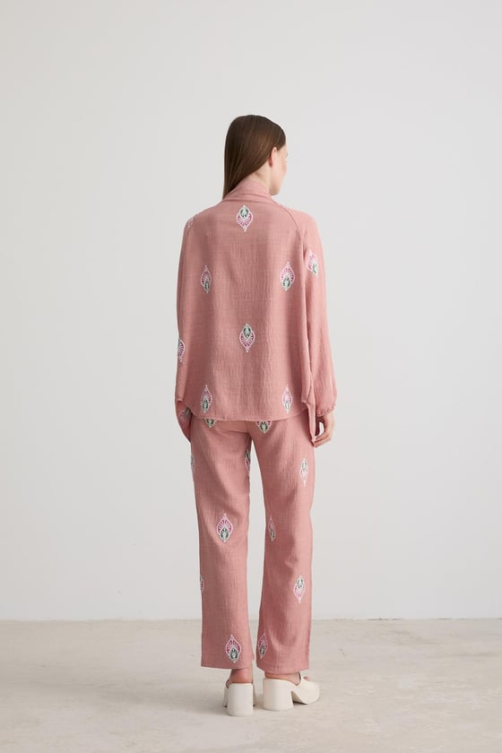 C27-4660-PUDRALEVUREÜst GiyimŞal Desenli Uzun Kollu Ceket PUDRA