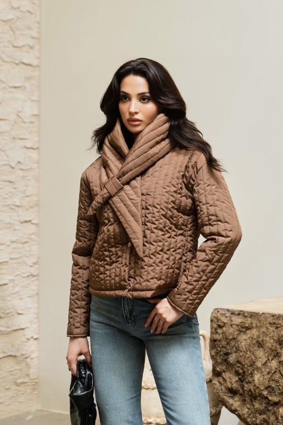 M28-5886-KAHVE-LLEVUREDış GiyimŞal Yaka Fermuarlı Kapitone Mont KAHVE