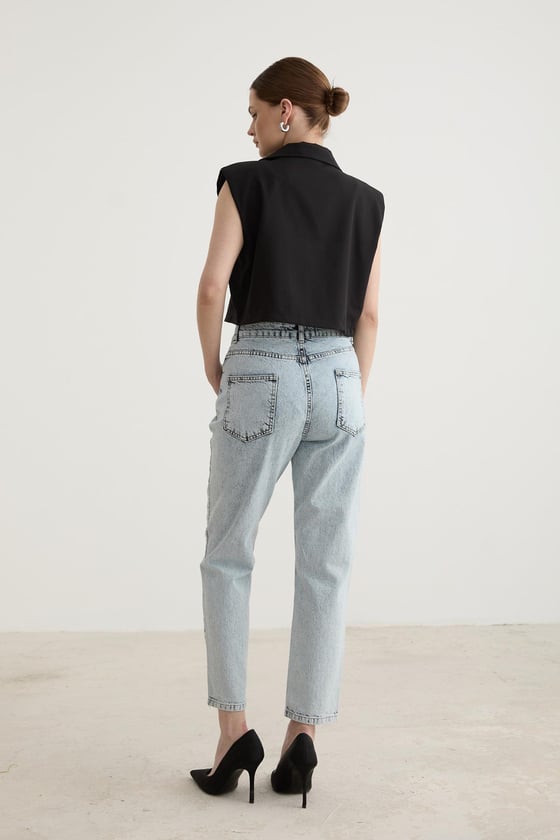 Taş Detaylı Kadın Mom Jean Pantolon BLUE