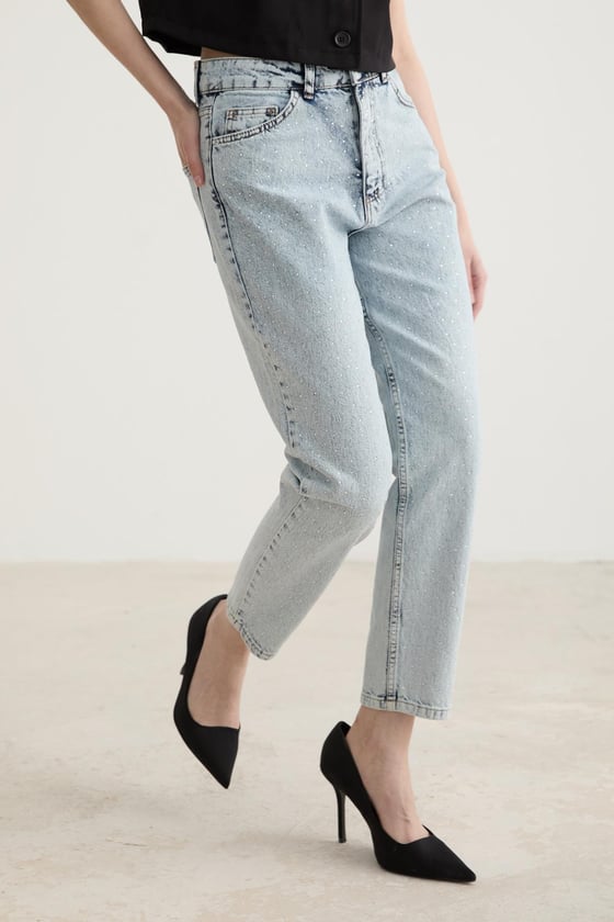 Taş Detaylı Kadın Mom Jean Pantolon BLUE