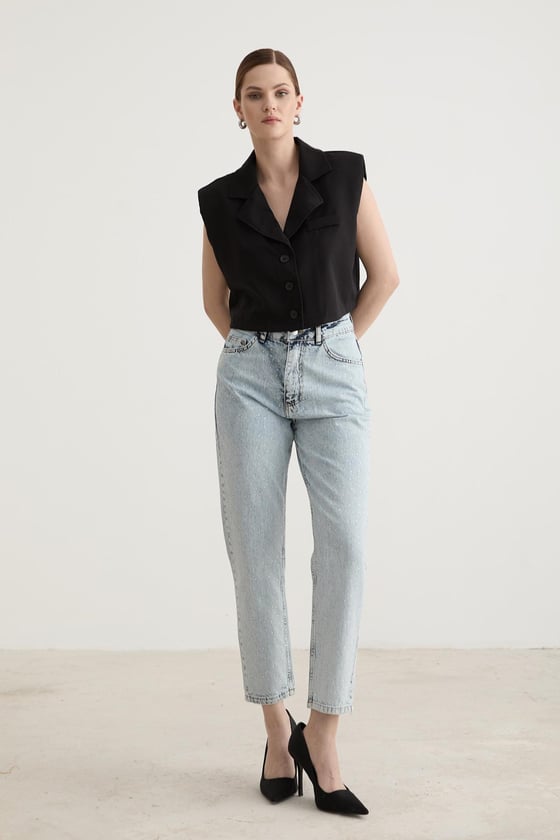 Taş Detaylı Kadın Mom Jean Pantolon BLUE