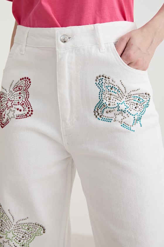 Taş Kelebek Detaylı Geniş Paçalı Pantolon BEYAZ