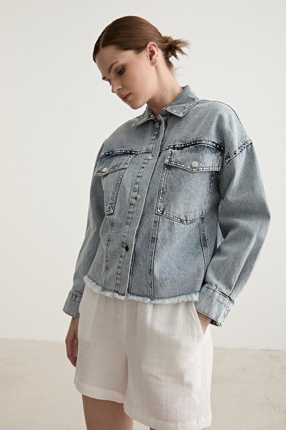 Uzun Kollu Taş Detaylı Kot Ceket BLUE