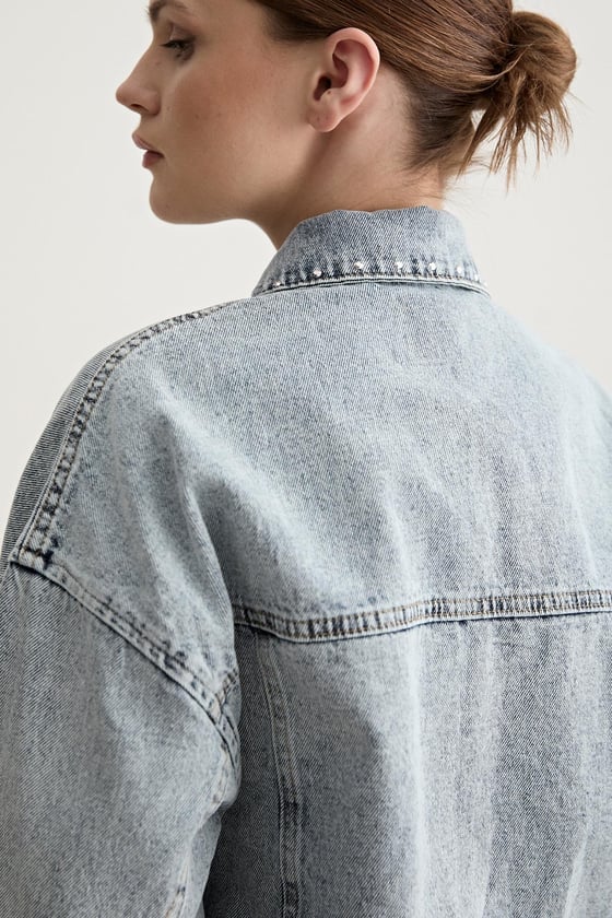 Uzun Kollu Taş Detaylı Kot Ceket BLUE