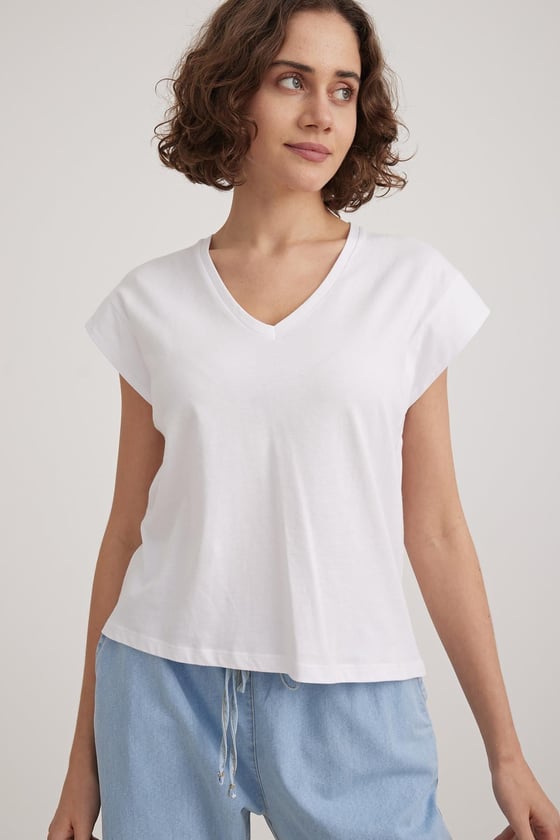 V Yaka Kadın Basic Tshirt BEYAZ