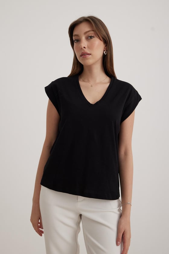 V Yaka Kadın Basic Tshirt SİYAH