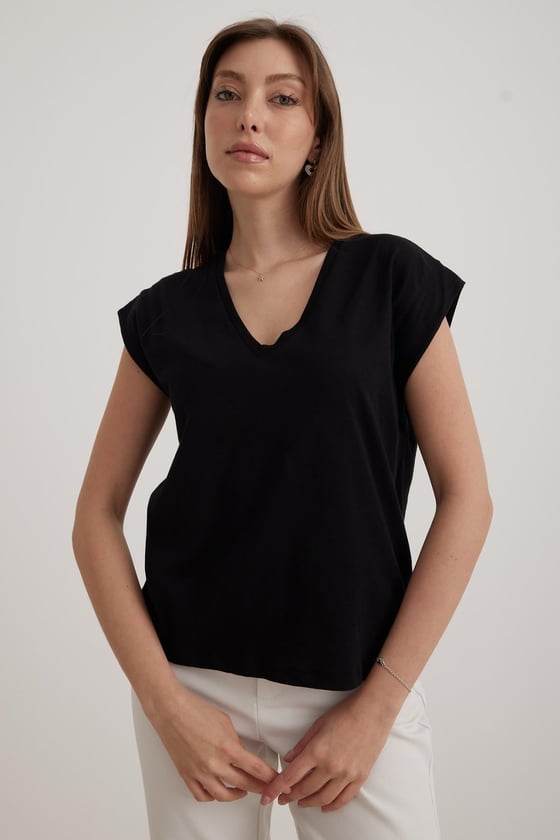 V Yaka Kadın Basic Tshirt SİYAH