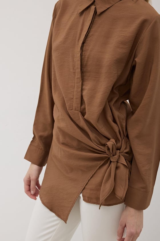 G28-4940-KAHVERENGİ-LLEVUREÜst GiyimYandan Bağlamalı Modal Gömlek KAHVERENGİ