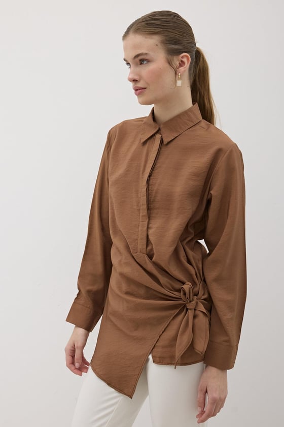 G28-4940-KAHVERENGİ-LLEVUREÜst GiyimYandan Bağlamalı Modal Gömlek KAHVERENGİ