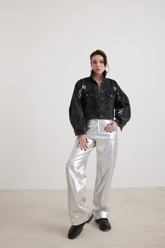 Yazı Detaylı Kadın Kot Ceket BLACK