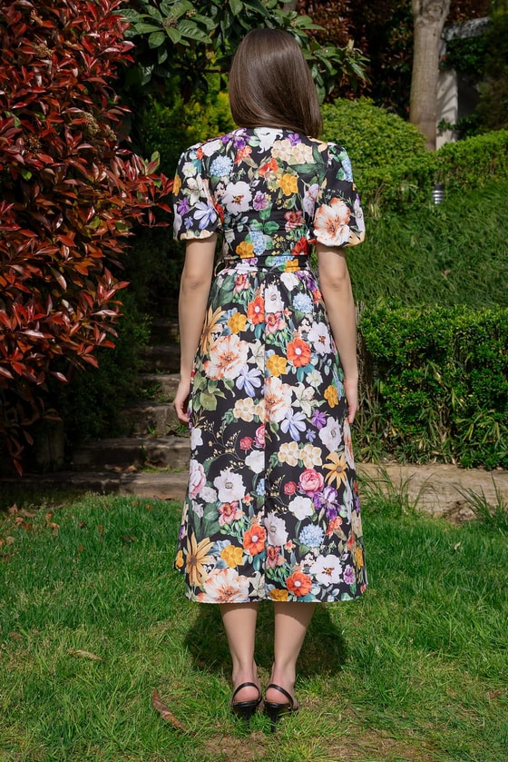 Balon Kol Desenli Elbise - SİYAH