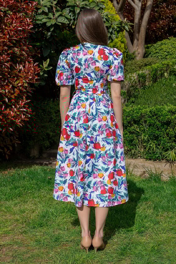 Balon Kol Kuşaklı Elbise - BEYAZ