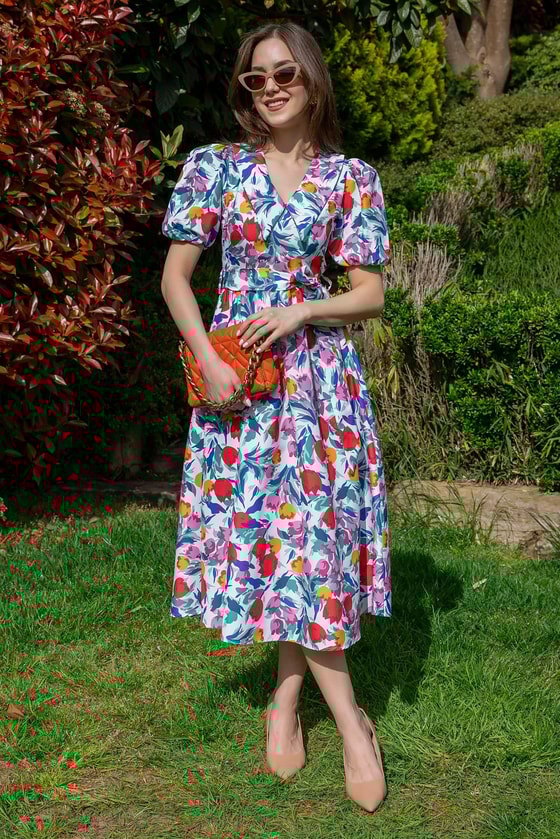 Balon Kol Kuşaklı Elbise - BEYAZ