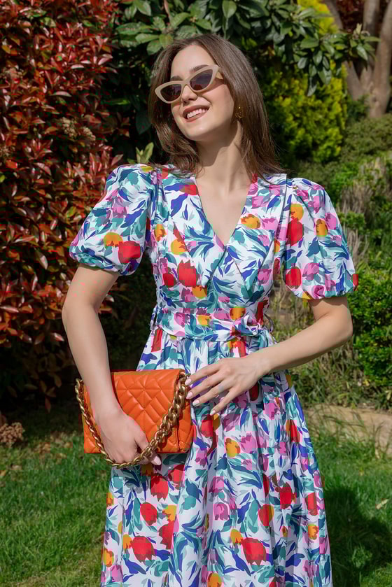 Balon Kol Kuşaklı Elbise - BEYAZ