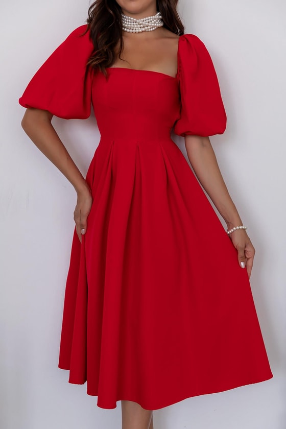 Balon Kol Midi Elbise - KIRMIZI