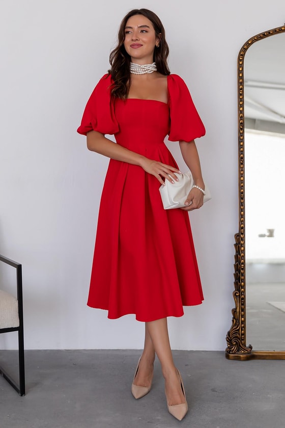 Balon Kol Midi Elbise - KIRMIZI