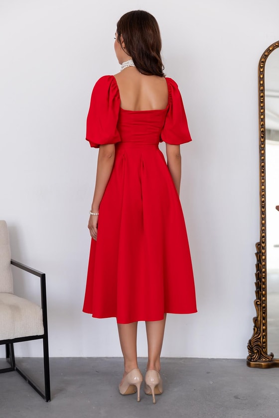 Balon Kol Midi Elbise - KIRMIZI