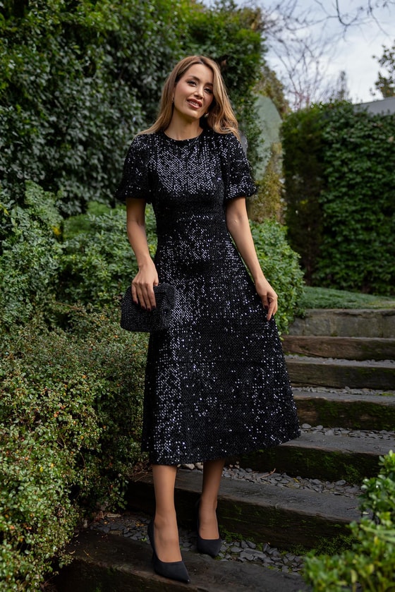 Balon Kol Payetli Elbise - SİYAH