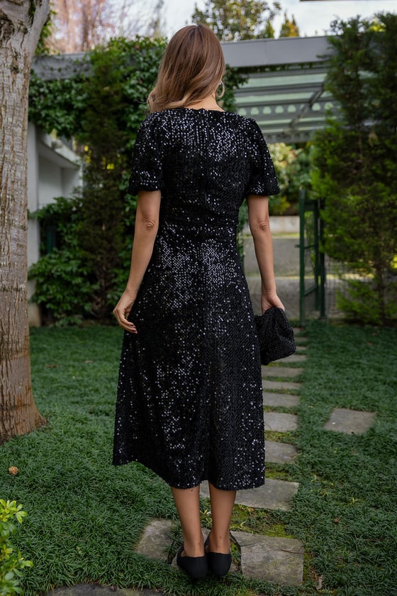 Balon Kol Payetli Elbise - SİYAH