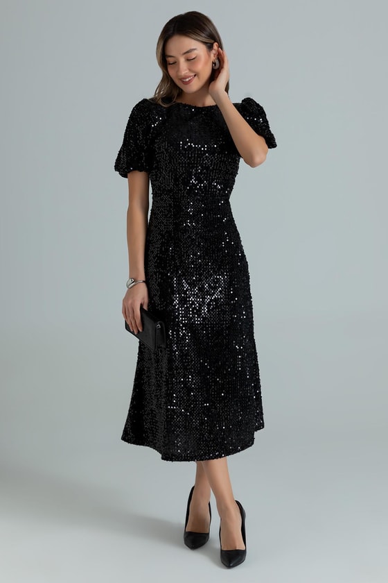 Balon Kol Payetli Elbise - SİYAH