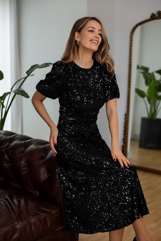 Balon Kol Payetli Elbise - SİYAH