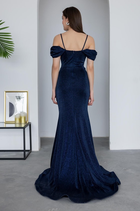 Bel Drapeli Simli Abiye - LACİVERT