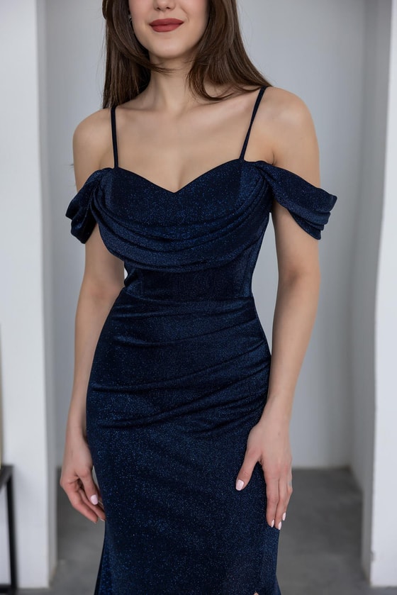 Bel Drapeli Simli Abiye - LACİVERT