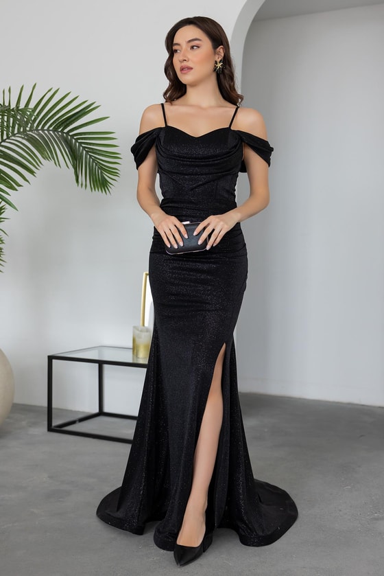 Bel Drapeli Simli Abiye - SİYAH