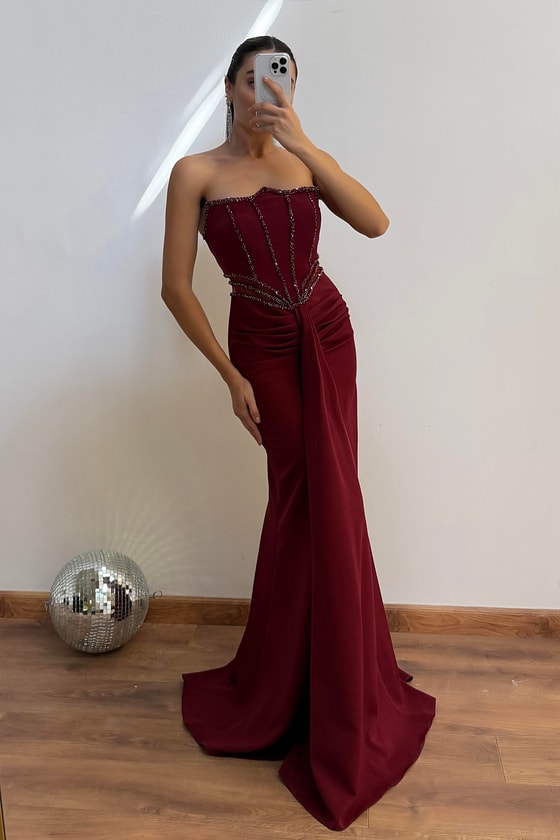 Bel Transparan İşlemeli Abiye - BORDO