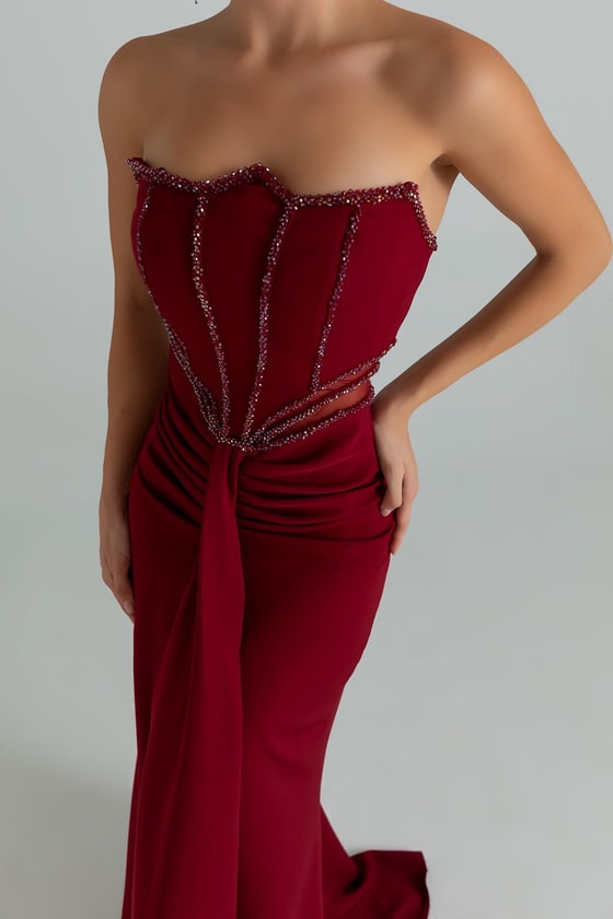 Bel Transparan İşlemeli Abiye - BORDO