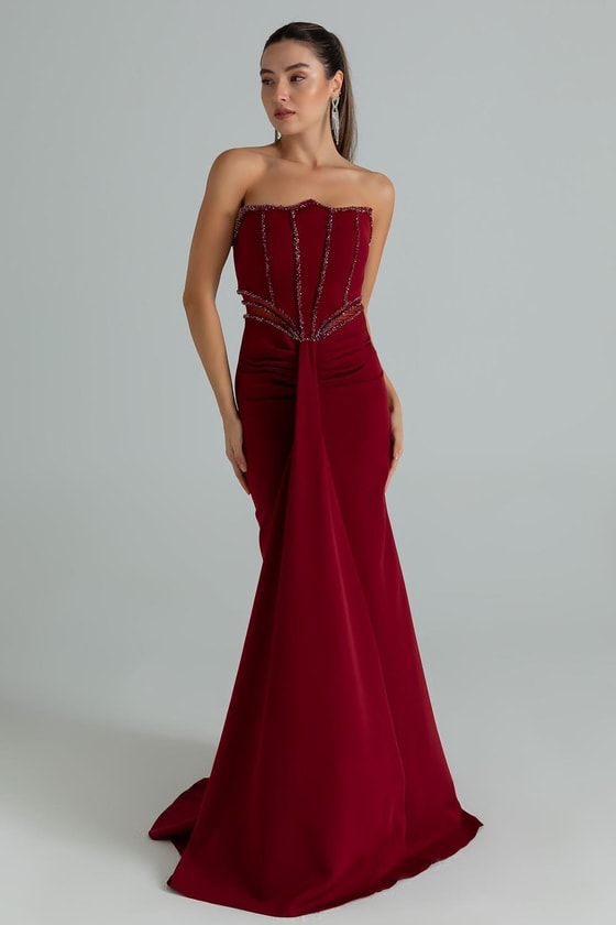 Bel Transparan İşlemeli Abiye - BORDO