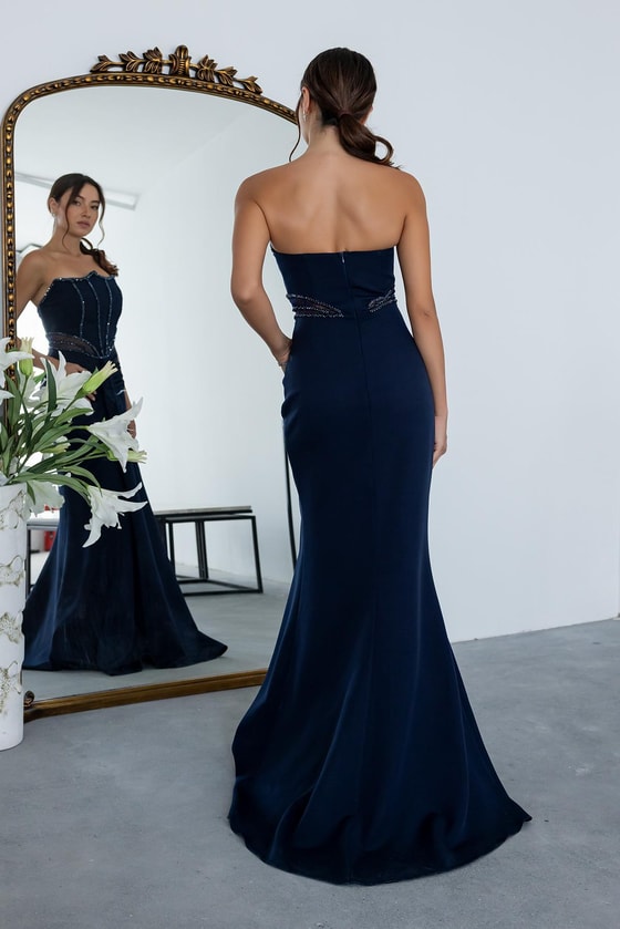 Bel Transparan İşlemeli Abiye - LACİVERT