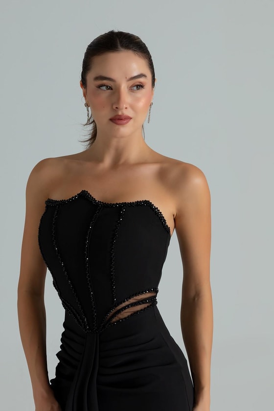 Bel Transparan İşlemeli Abiye - SİYAH