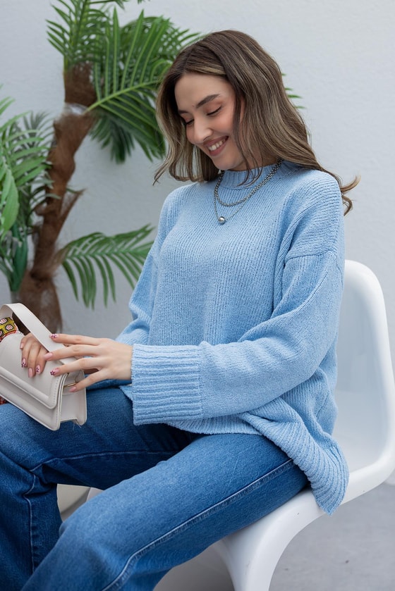 Bisiklet Yaka Düz Kazak - BEBE MAVİSİ