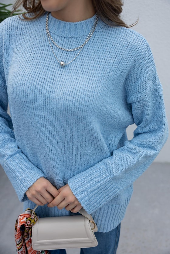 Bisiklet Yaka Düz Kazak - BEBE MAVİSİ